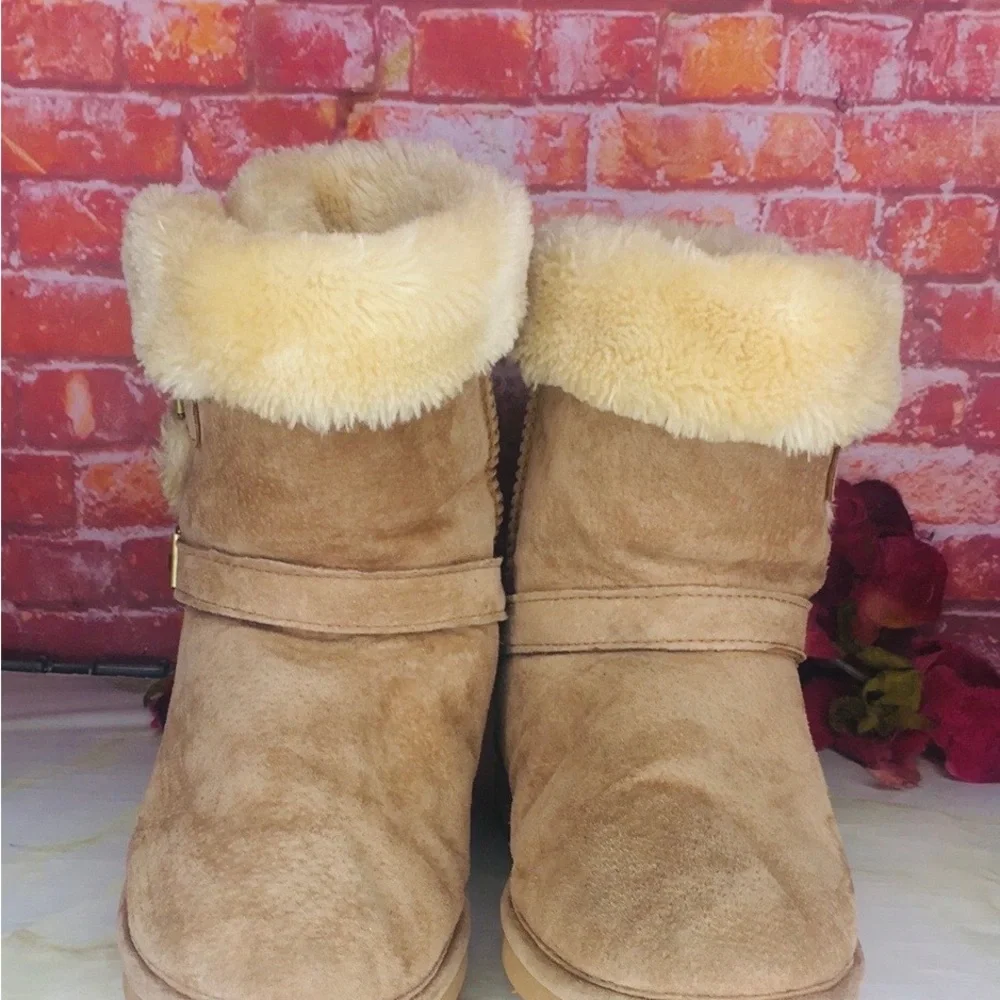 Lamo Tan Suede Water Resistant Shearling Double Buckle Boots